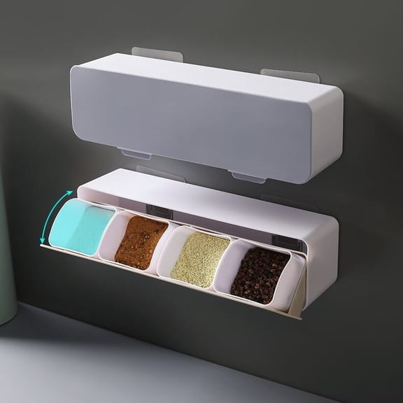 2 seasoning boxes, with four compartments, wall-mounted, with spoon, dust cover, gray and yellow, 295*75*80mm