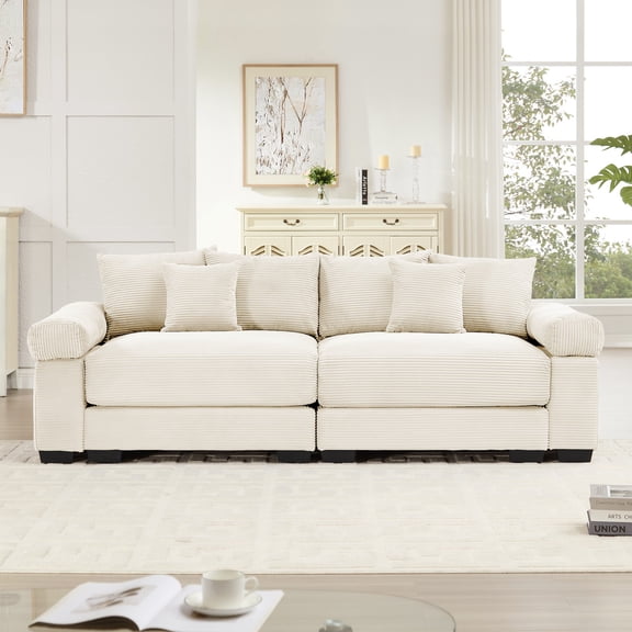2-seater 92" Oversized Cloud Modular Sectional Couch,Corduroy Fabric Extra-Wide Armrests Throw Pillows Ergonomic Design High Resilience Cushion Easy Assembly for Living Rooms Bedrooms (White)