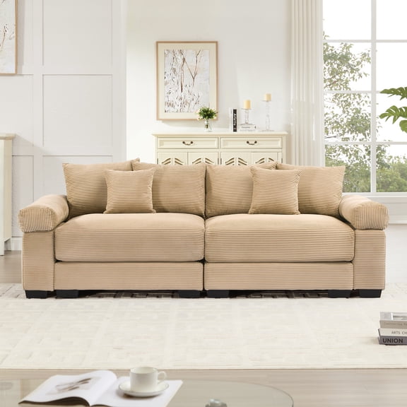 2-seater 92" Oversized Cloud Modular Sectional Couch,Corduroy Fabric Extra-Wide Armrests Throw Pillows Ergonomic Design High Resilience Cushion Easy Assembly for Living Rooms Bedrooms (Camel)
