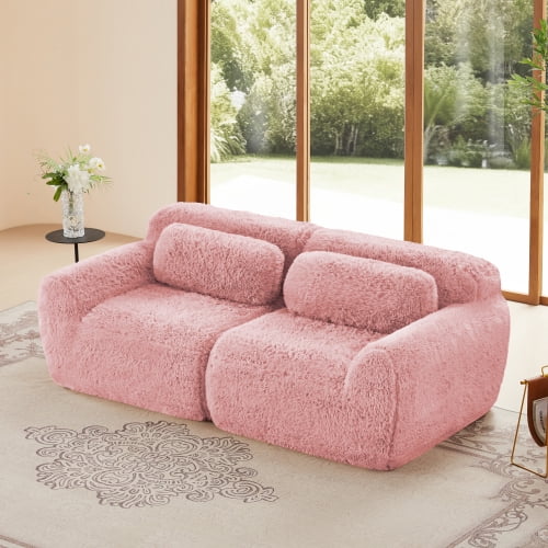2-seater Modular Sectional Sofa Couches,Soft Fluffy Plush Fabric Bottom Anti-Slip Design,32D High Density Sponge,No Assembly Required Ergonomic Design,With Throw Pillows Fits Living Rooms,Pink