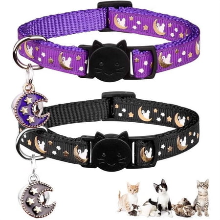 2 separate cat collars, with clock, moon and stars, adjustable kitten collars, with pendants, glow in the dark
