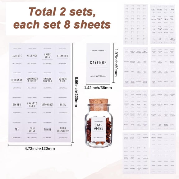 2 set 16 Sheets White Spice Labels Stickers Spice Jar Labels PVC Waterproof Blank Self Adhesive Rectangle Preprinted Pantry Decals Organizers Sets for Kitchen Food Box Bottles Seasoning Containers