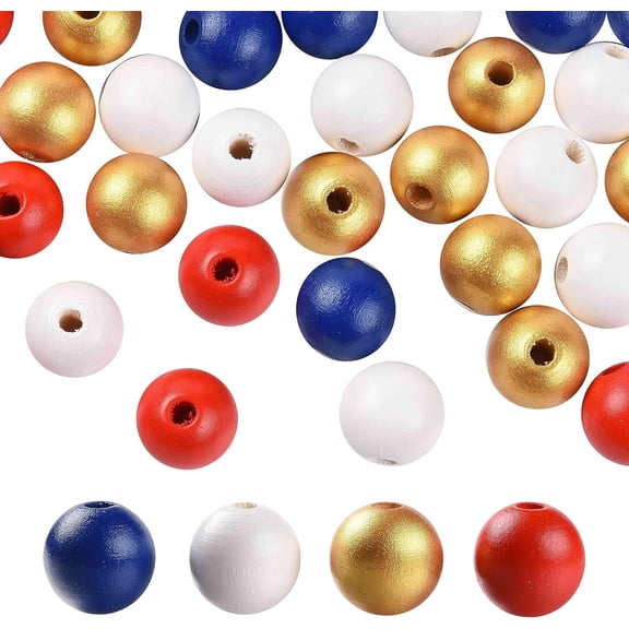 2 set 160 pcs 4 colors 4 July American Independence Day Painted Natural Wood Round Beads Loose Beads for Jewelry Making and Home Decor with Waterproof