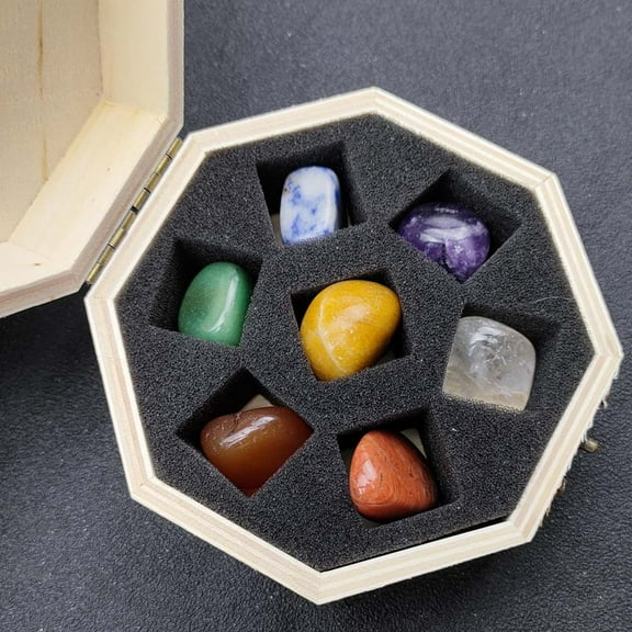 2 set 7 Chakra Natural Mixed Stone Ball with Octagon Wooden box Reiki Energy Stone Display Decorations for Healing Meditation Witchcraft Nuggets box: 110x50mm Gemstone: 20~40mm 7pcs/box