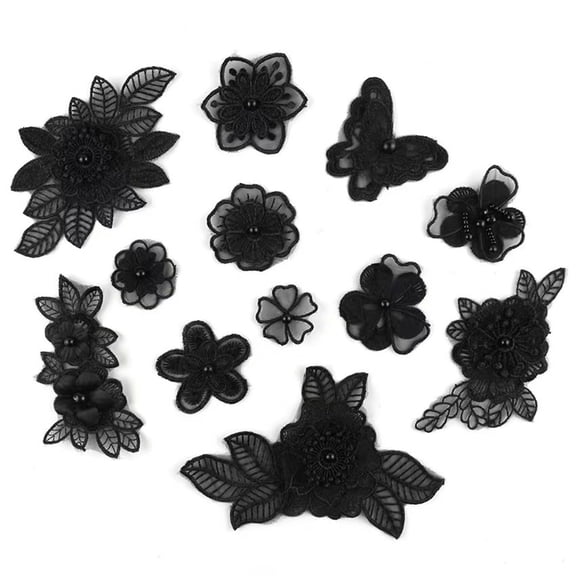 2 set Black Mixed Style Embroidery Lace Flower and Patches Appliques DIY Sewing Craft for Decoration, Sew On Patches for Repairing and Decorating
