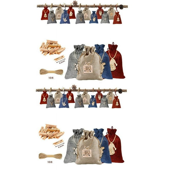 2 set Christmas Advent Calendar Bag Set 24 Days Drawstring Gift with Hanging Wooden Pendant Candy