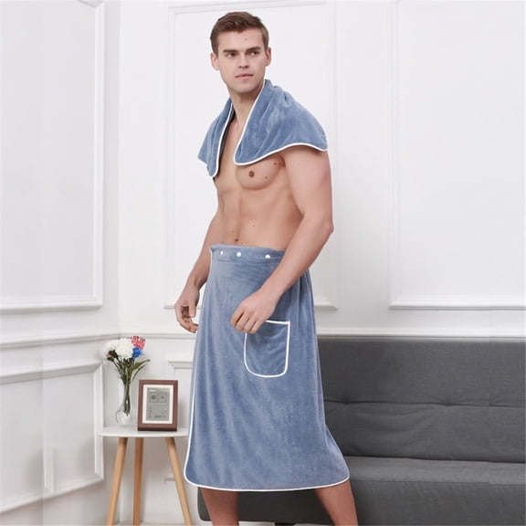 2 set Men's Towel Wrap Bathrobe, Soft Adjustable Bath Wrap for Shower, Sauna,Coral Fleece Super Soft, Absorbent and Quick Drying -Blue