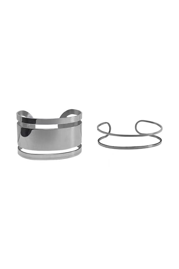 2 set Punk Titanium Steel Hollow Geometric Smooth Polished Gold Hoop Open Cuff Wide Bracelet Bangle Wrist Jewelry for Women Lady