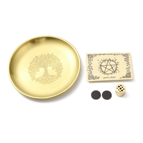 2 set Tree of Life Pattern Flat Round 201 Stainless Steel Candle Holders with Magnet Pentacle Parchment Paper 9-Hole Incense Holder Home Tabletop Centerpiece Golden 14.5x14.5x1.7cm