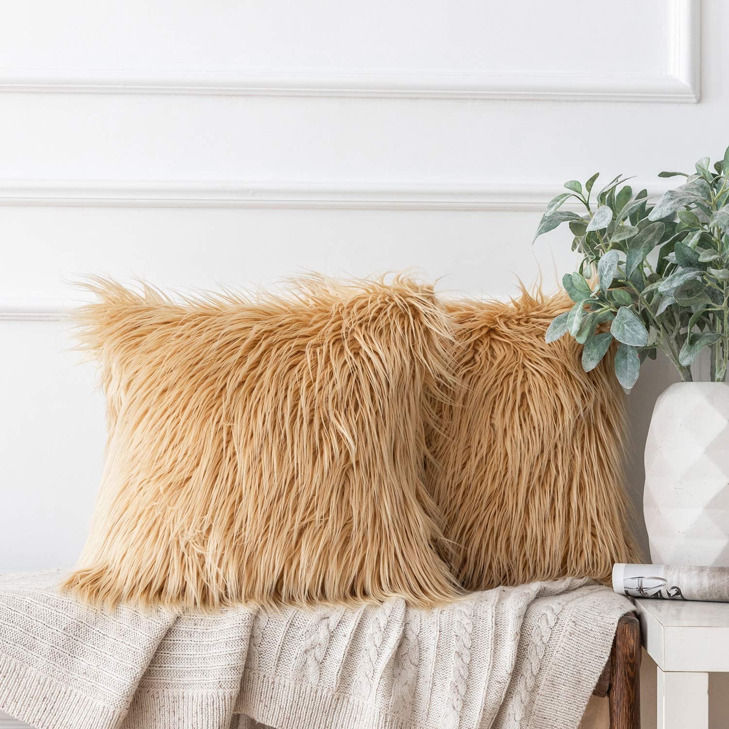 2 sets Gold Fuzzy Faux Fur Mongolian Lamb Cushion Case Walmart