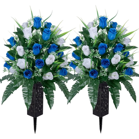 2 sets of artificial cemetery flowers, outdoor tomb decoration roses, beautiful bouquets and cemetery vases