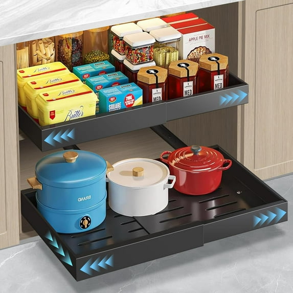 2 sets of expandable and pull-out cabinet organizers, 21 inches deep, with 3 sliding drawers