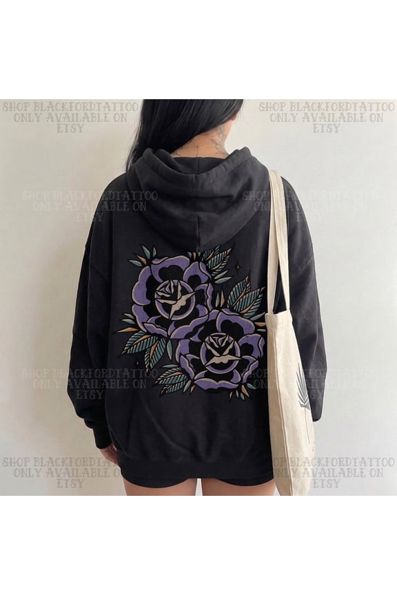 2 side Traditional Tattoo Hoodie Floral Alt Grunge Streetwear Gothic Clothing Gift Elder Emo Rose Tattoo Artist Clothes Shirt Goth Top Trending