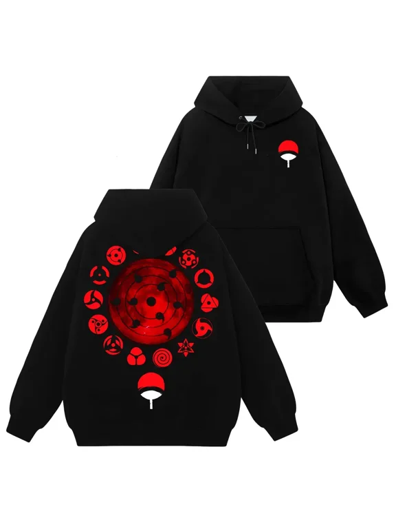 2-sided Men's Limited Uchiha Clan Logo Print Hoodie - Naruto Theme Vintage Clothing, 90s Retro Unisex Graphic Art Cotton Long Sleeve, Anime Manga Y2K Streetwear Gift For Wibu