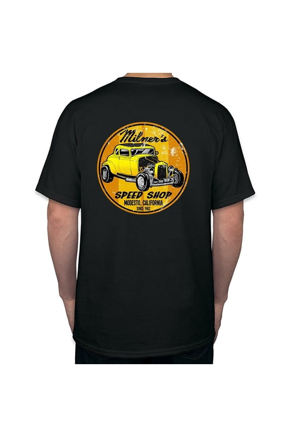 2 sided Milner's Speed Shop American Graffiti auto drag racing hot rat rod black or white Short Sleeve T-Shirt