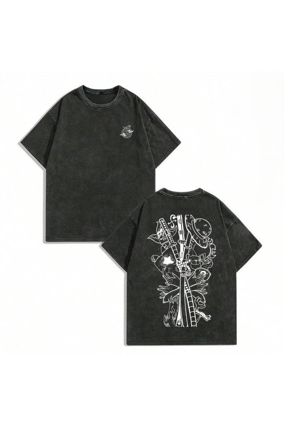 2 sided One Piece Triple Sword With Zoro T-Shirt, Triple Sword Back Print Anime Tee, Minimal Left Chest Graphic, Vintage Manga Streetwear Shirt
