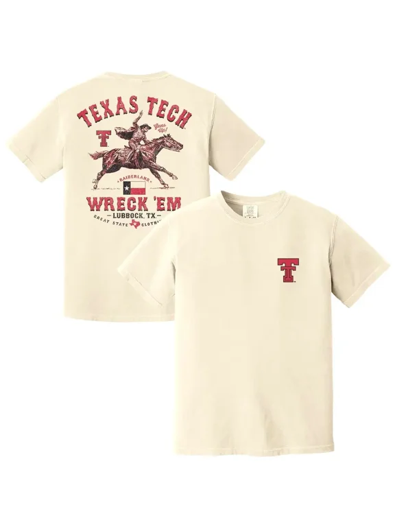 2-sided Texas Tech Red Raiders Vintage Mascot - Cream Vintage Graphic , Oversized Streetwear , Premium Cotton Short Sleeve , Retro Y2K Casual Unisex for Men & Women T-Shirt