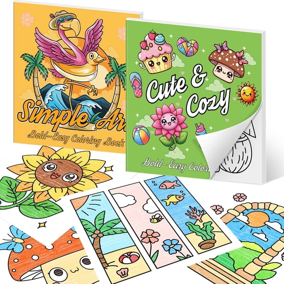 Elfew Adult Colouring Books Set – 2 Pack, 8.5×8.5in, Staple Binding – Simple Art & Cute Cozy Themes, Stress Relief for Adults