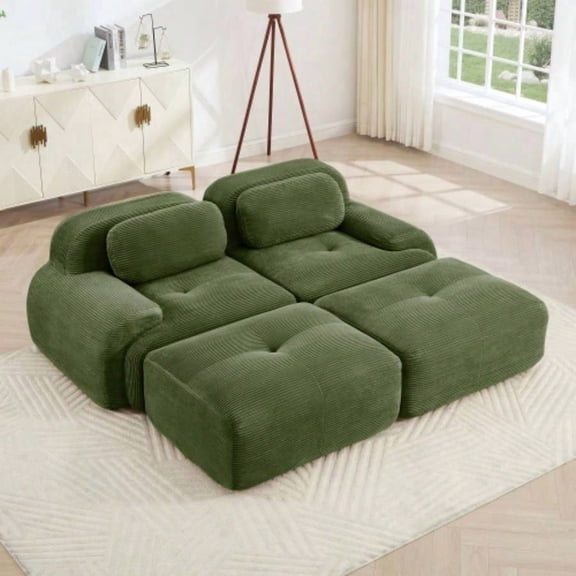 2 - sofa in luxuryCorduroy Fabric fabric modular multi - combination anti - slip design assembly chaise lounge curved armrests support high - resilience sponge living rooms bedrooms, Olive green