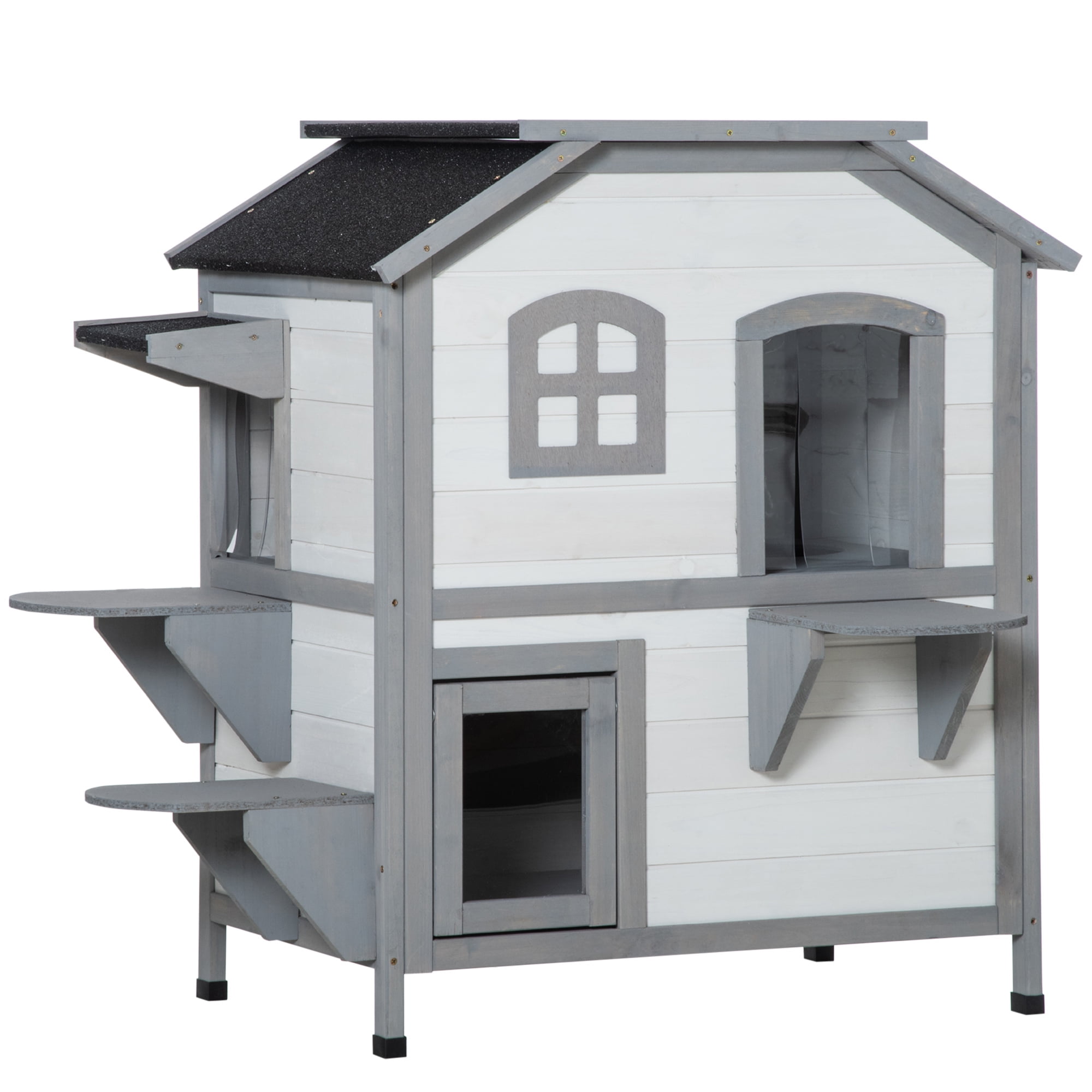 2-story Cat House Outdoor, Weatherproof Wooden Cat Enclosure for Feral Cats with Escape Door, Openable Roof, Jumping Platforms, White