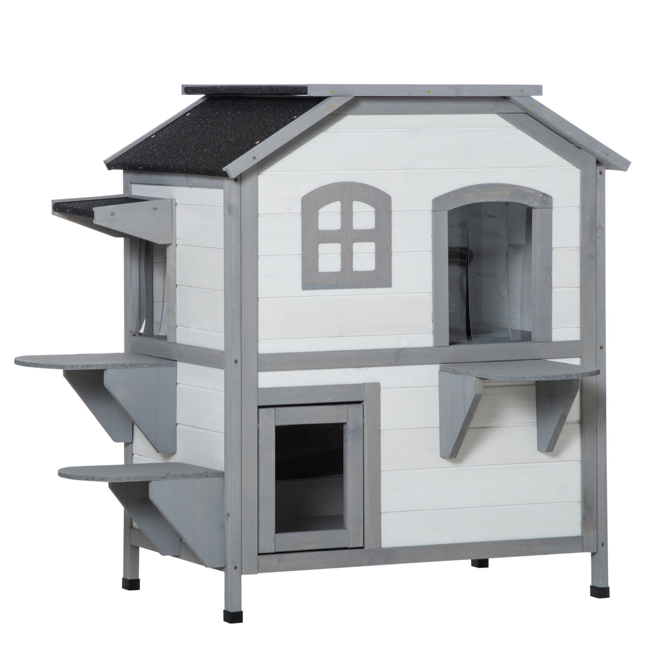 2-story Cat House Outdoor, Weatherproof Wooden Cat Enclosure for Feral Cats with Escape Door, Openable Roof, Jumping Platforms, White