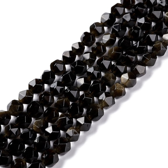 2 strand Natural Golden Sheen Obsidian Beads Strands Polygon Faceted 6x6mm Hole: 1mm 65pcs/strand 15.55 inch(39.5cm)