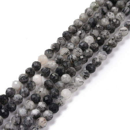 2 strand Natural Tourmalinated Quartz/Black Rutilated Quartz Beads Strands Faceted Round 4~4.5mm Hole: 0.8mm 96pcs/strand 15.91''(40.4cm)