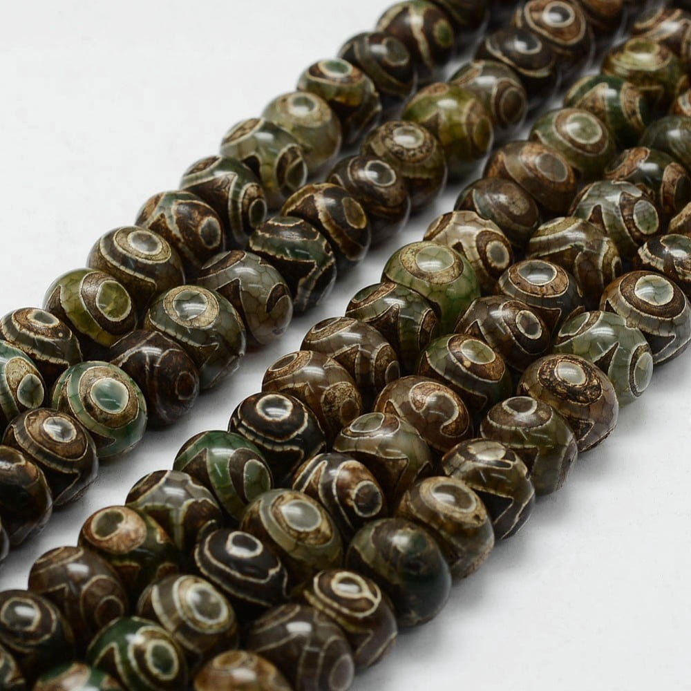 2 strand Tibetan style 3-Eye dZi Beads Strands Natural Agate Beads Dyed Heated Rondelle Dark Olive Green 14~14.5x9.5~10mm Hole: 2.5mm 37pcs/strand 14.2 inch(360mm)