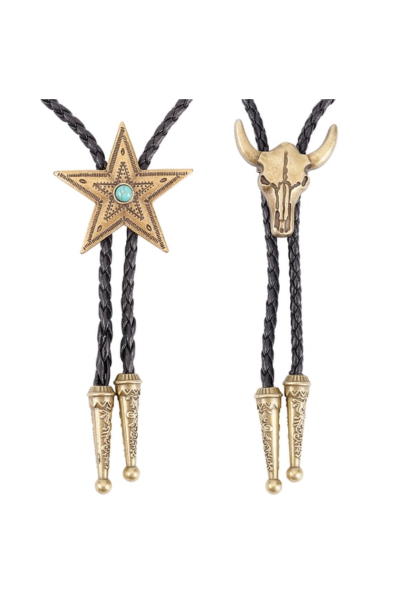 2 styles Leather Bolo Tie Necktie Horse Cow Texas Ranger Star Chain Turquoise Western Cowboy Rope Cord Pendant Necklace Jewelry for Men Rodeo Wedding