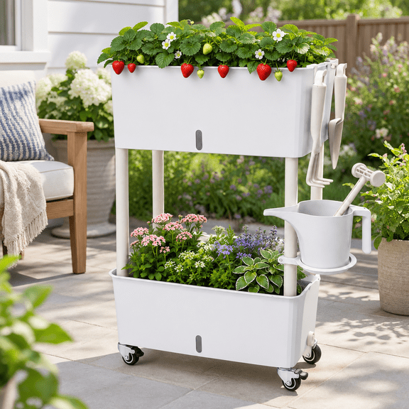 2-tier 27.8" Rolling Raised Garden Bed Self-Watering Planter Kit for Indoor Outdoor Vegetables Flowers