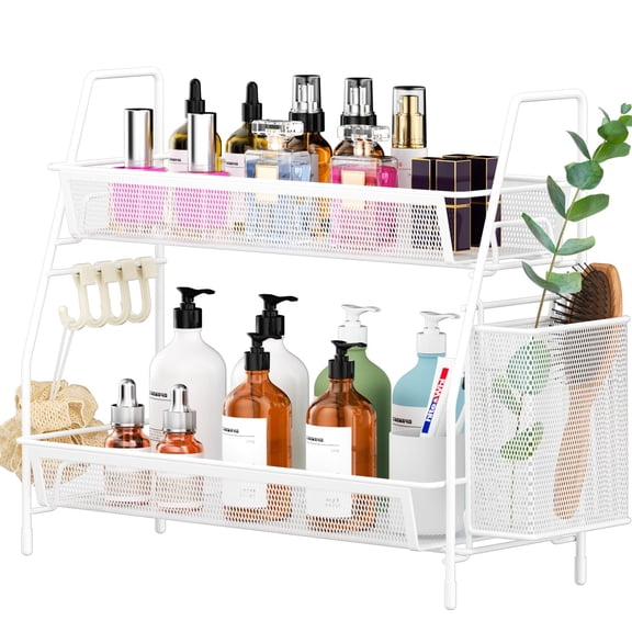 2-tier Bathroom Organizer Countertop  Metal Wire Mesh Counter Storage With Basket Hooks Vanity Tray Shelf Kitchen Spice Rack White