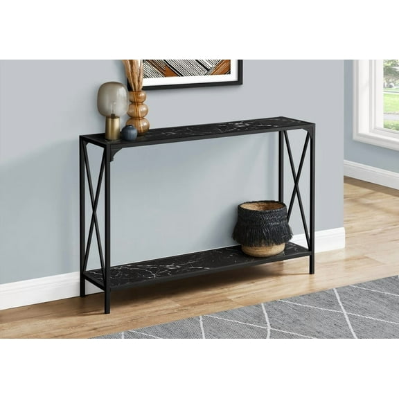 2-tier Black Marble Look Console Table for Narrow Spaces | Black Metal Frame