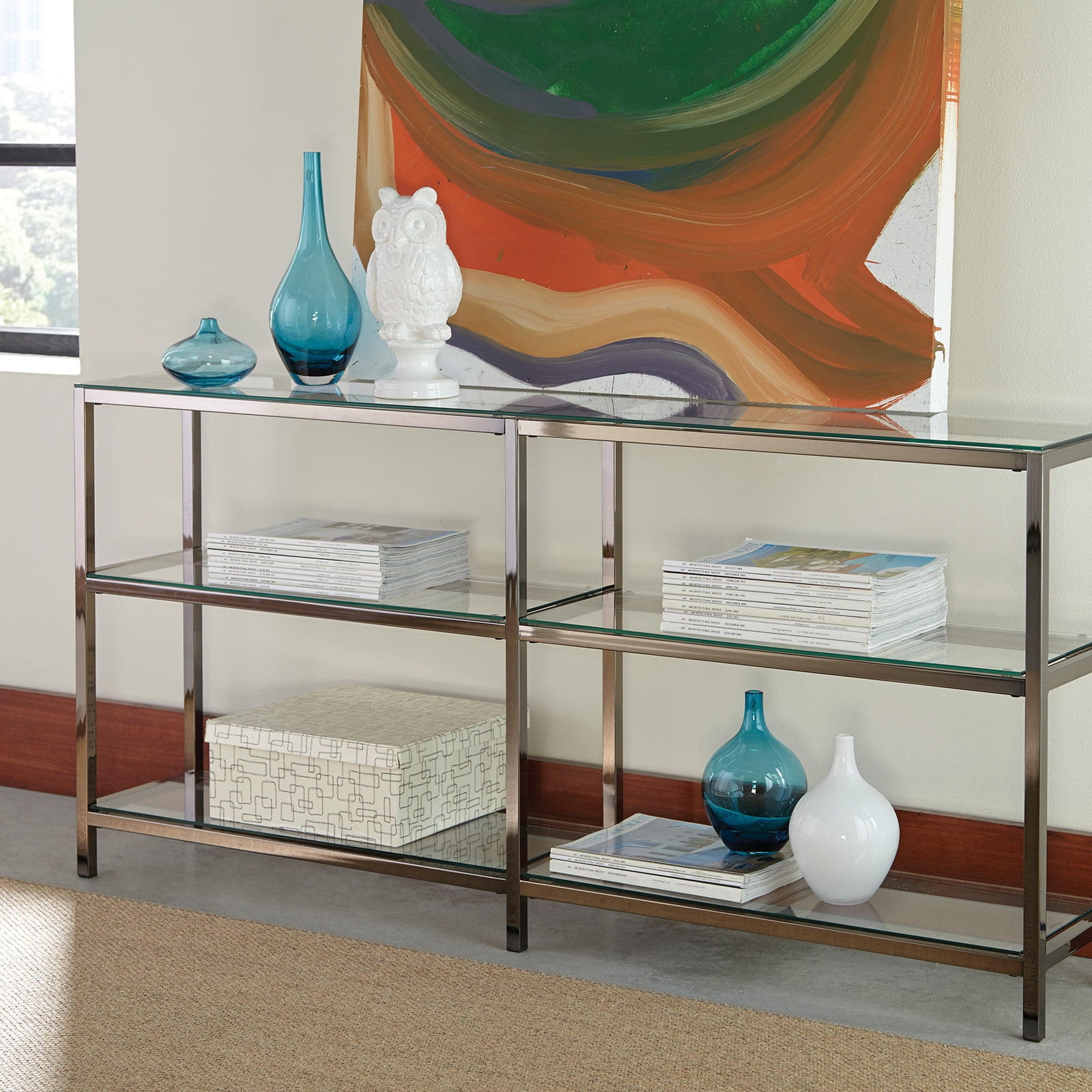 Black Nickel 3-Shelf Glass Console Bookcase