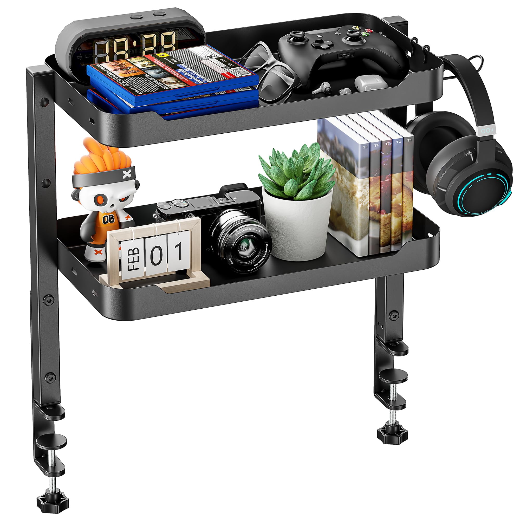 2-tier Clamp On Desk Shelf  16 Inch Adjustable Above Or Under Storage Shelves Holds 66 Lbs Heavy Duty Desktop Organizer With Headphone Holder For Working And Gaming Accessories Black
