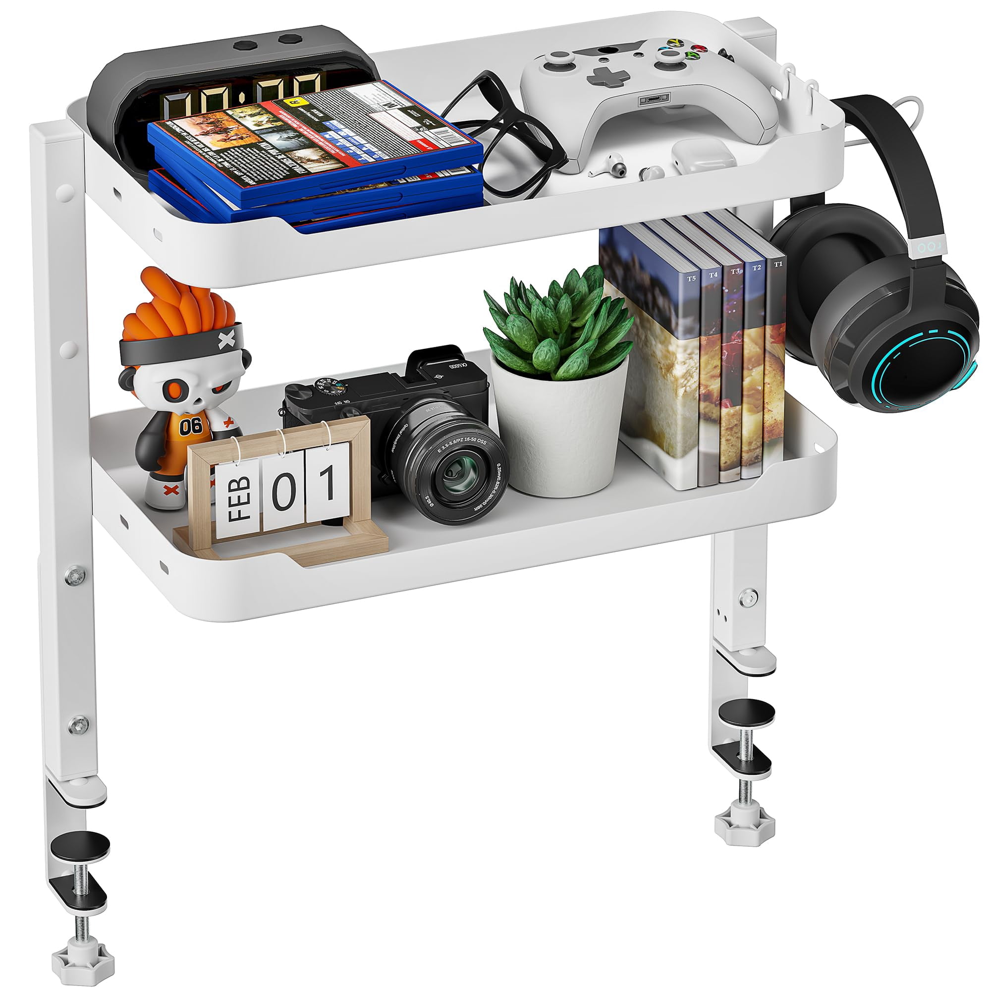 2-tier Clamp On Desk Shelf  16 Inch Adjustable Above Or Under Storage Shelves Holds 66 Lbs Heavy Duty Desktop Organizer With Headphone Holder For Working And Gaming Accessories White