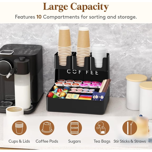 2-tier Coffee Station Organizer Caddy for Countertop, 10 Compartments Coffee Bar Organizers for Cups, Pods, Sugar, Compact Condiment Holders Storage for Office Breakroom Kitchen Home Black
