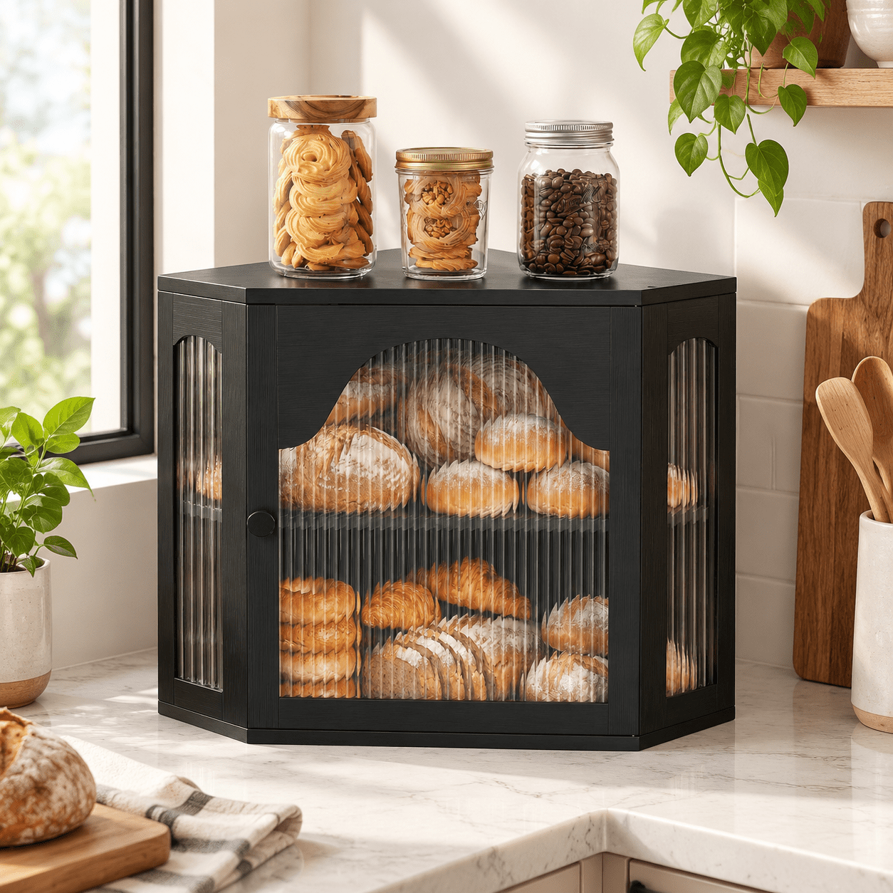 2-tier Corner Bread Box For Kitchen Countertop With Wavy Door Panel ...