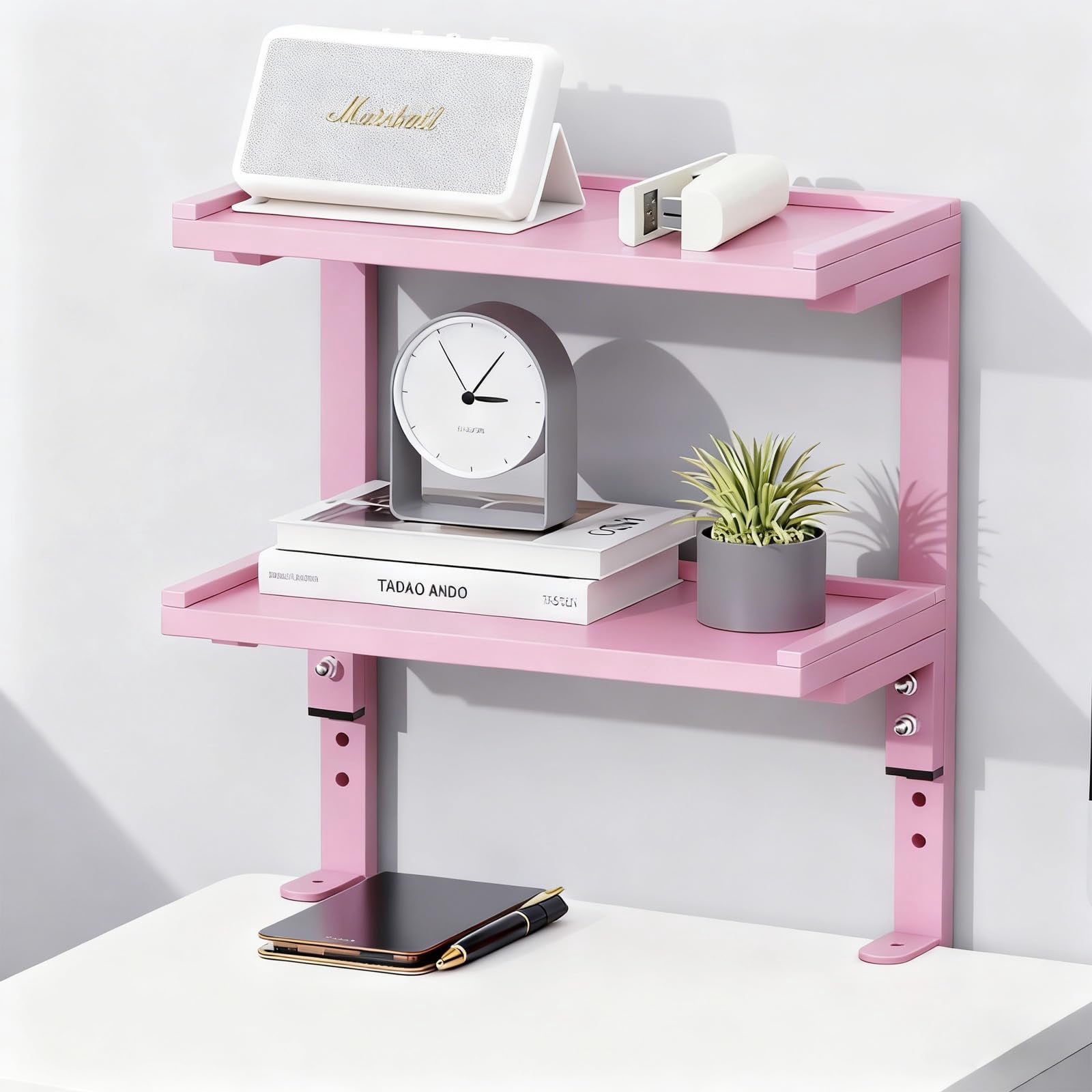 2-tier Desk Shelf  Expandable Under Storage Clamp On Desktop Accessories For Offices Study Rooms And Game (pink)