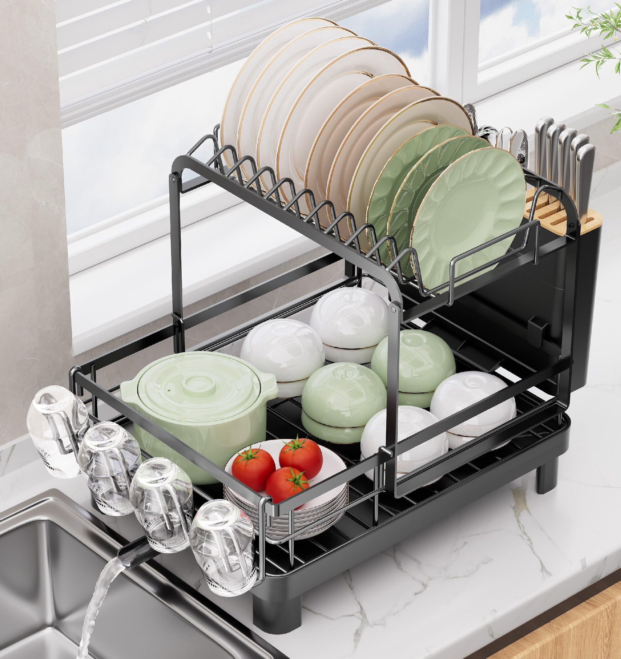 2-tier Dish Drying Rack  Large With Drainboard Set Detachable 4-in-1 Capacity Drainer Over The Sink Anti-rust For Kitchen Counter Black