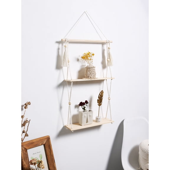 2-tier Floating Wall Shelf With Wooden Beads Home Decoration Boho Plant Flower Pot Tray Nordic Room Swing Display Shelf Art Gift