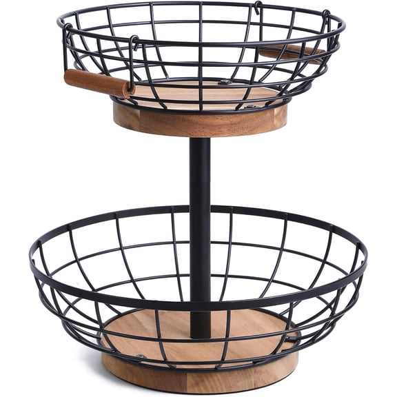 2-tier Fruit Basket Bowl,Metal Basket with Wooden Base,Fruit and Vegetable Storage with Banana Hanger,Fruit Basket for Kitchen Counter Organizer.