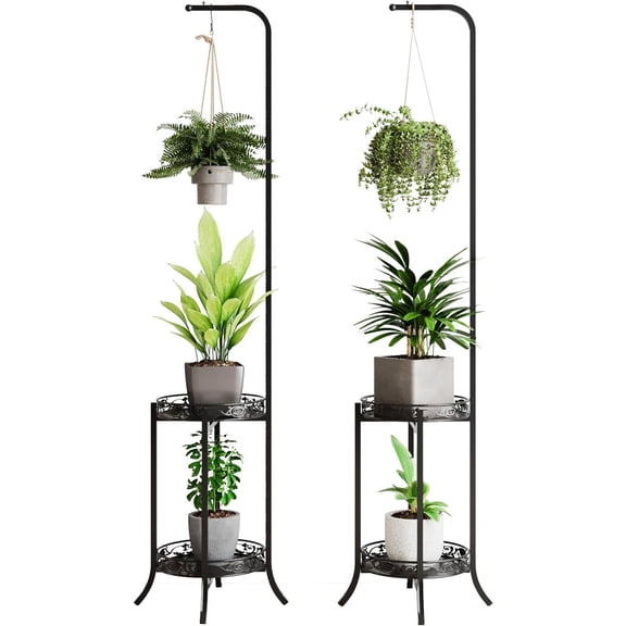 2-tier Hanging Plant Stand 2 Pack, Space-Saving Iron Planter Shelves Flower Pot Organizer Rack Multiple Flower Pot Display Holder Shelf Indoor Outdoor Heavy Duty Planter Shelving Unit