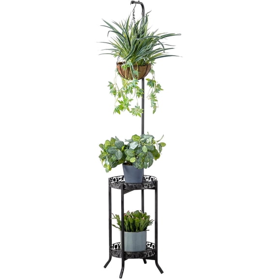 2-tier Hanging Plant Stand, Space-Saving Iron Planter Shelves Flower Pot Organizer Rack Multiple Flower Pot Display Holder Shelf Indoor Outdoor Heavy Duty Planter Shelving Unit