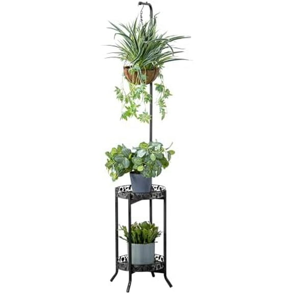 2-tier Hanging Plant Stand, Space-Saving Iron Planter Shelves Flower Pot Organizer Rack Multiple Flower Pot Display Holder Shelf Indoor Outdoor Heavy Duty Planter Shelving Unit