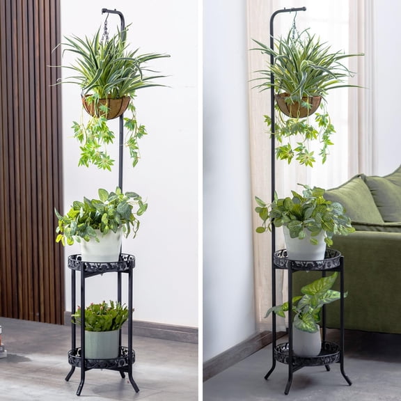 2-tier Hanging Plant Stand, Space-Saving Iron Planter Shelves Flower Pot Organizer Rack Multiple Flower Pot Display Holder Shelf Indoor Outdoor Heavy Duty Planter Shelving Unit