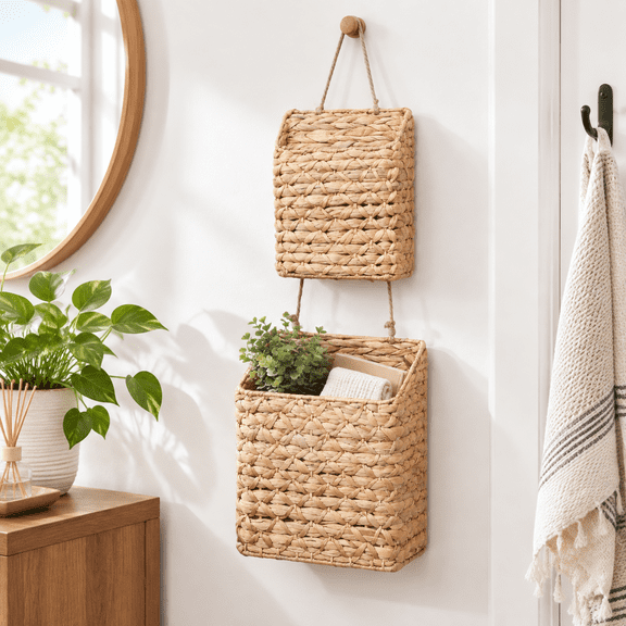 2-tier Hanging Wall Basket Water Hyacinth Over Door Storage
