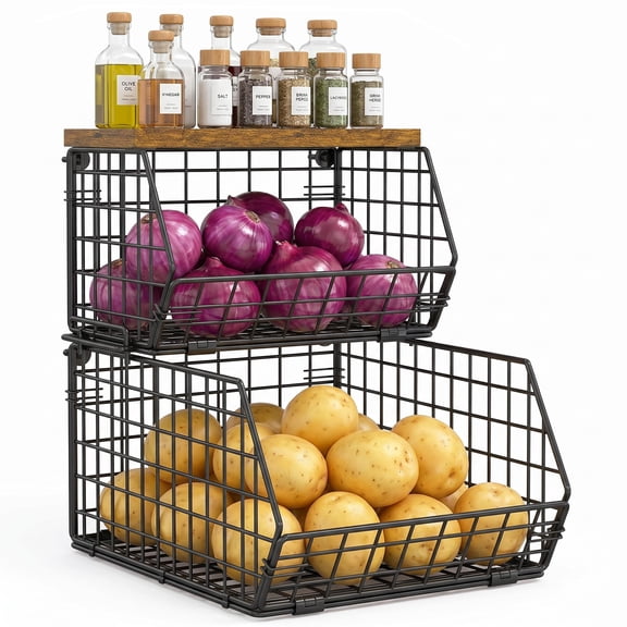 2-tier Large Wire Storage Basket With Wooden Lid, Kitchen Produce Organizer