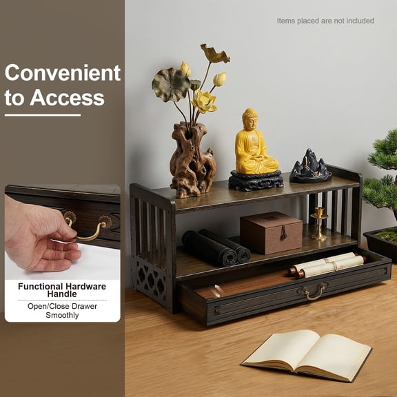 2-tier Meditation Storage Table, Altar Table with Drawer, Desktop Organizer Walnut Color