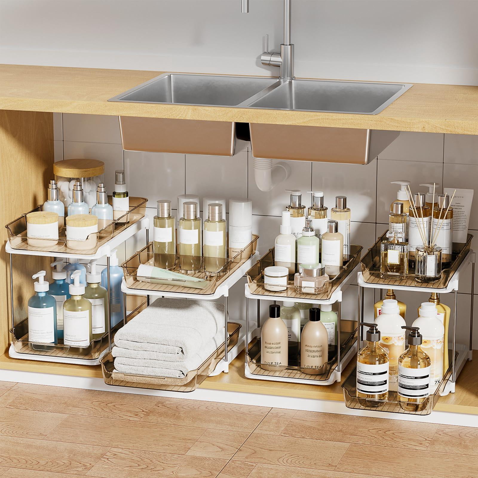 2-tier Multi-purpose Bathroom Under Sink Organizers And Storage  Stackable Kitchen Pantry Organization Pull Out Cabinet Organizer With Movable Dividers 4 Pack