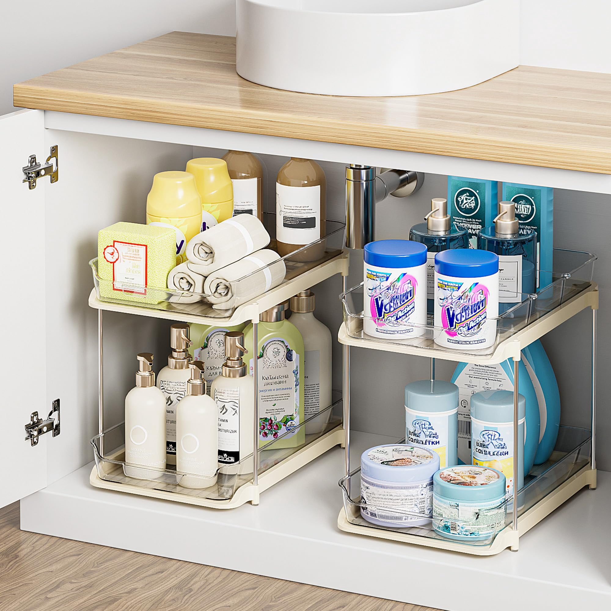 2-tier Multi-purpose Bathroom Under Sink Organizers And Storage  Stackable Kitchen Pantry Organization Pull Out Cabinet Organizer With Movable Dividers Beige 2 Pack